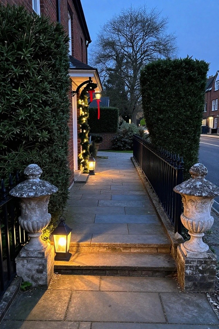 Brick house entrance at dusk with slate pathway edged by hedges and black iron railing, stone urns holding lit lanterns, Christmas string lights on door and wreaths, and evergreen garlands.