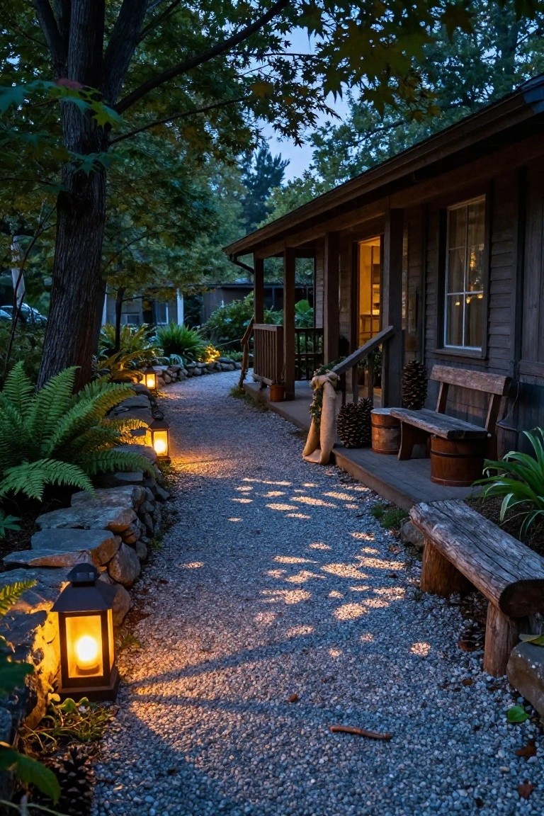 Gravel pathway edged by stone walls and ferns, illuminated by several lanterns at dusk, leading to a wooden cabin porch with benches, buckets, and pinecones.