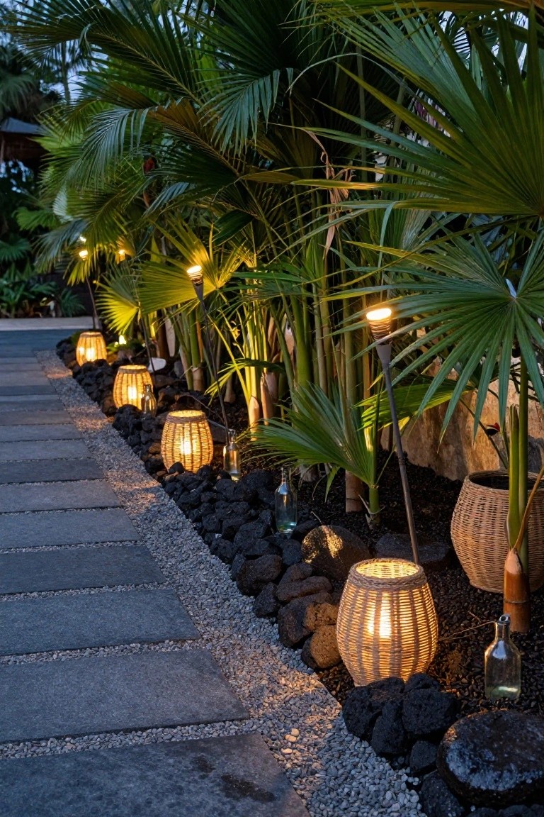 Illuminated path lined with lanterns and greenery, featuring stones and gravel.