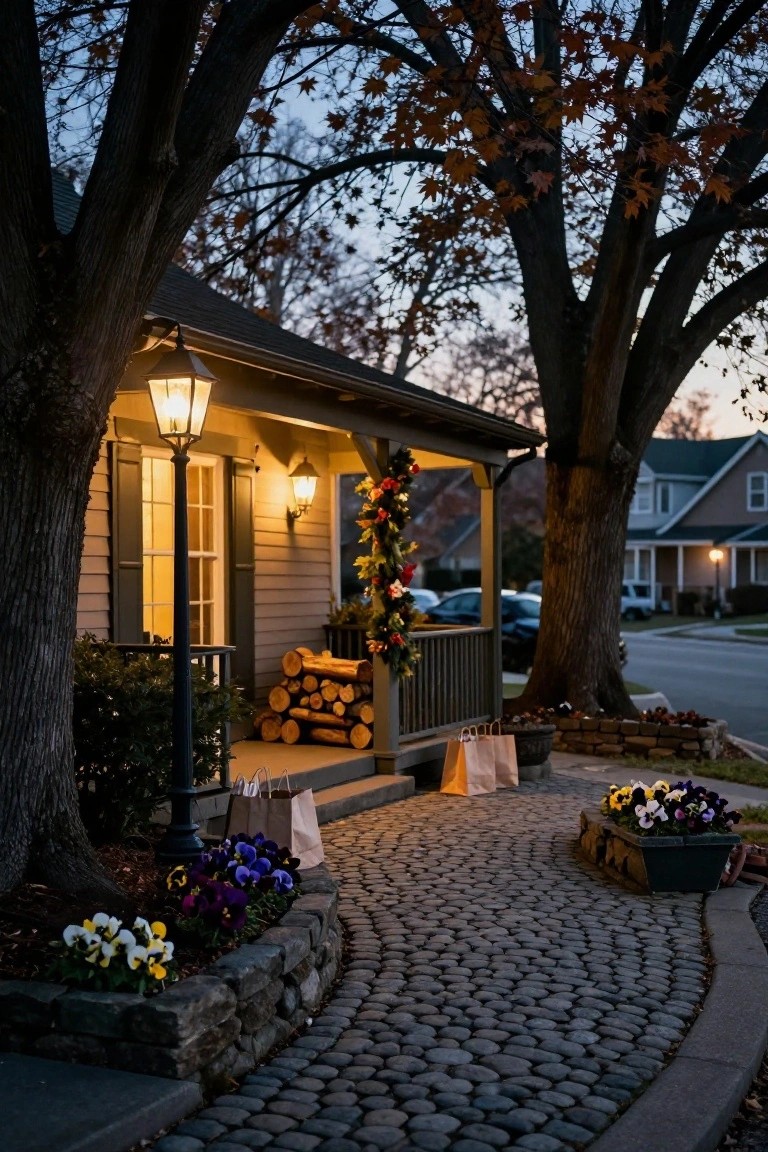 Dusk view of a house porch with Christmas garlands and lit lanterns, firewood stack and shopping bags on steps, curved cobblestone pathway edged by low stone walls with pansy planters, flanked by trees and shrubs.
