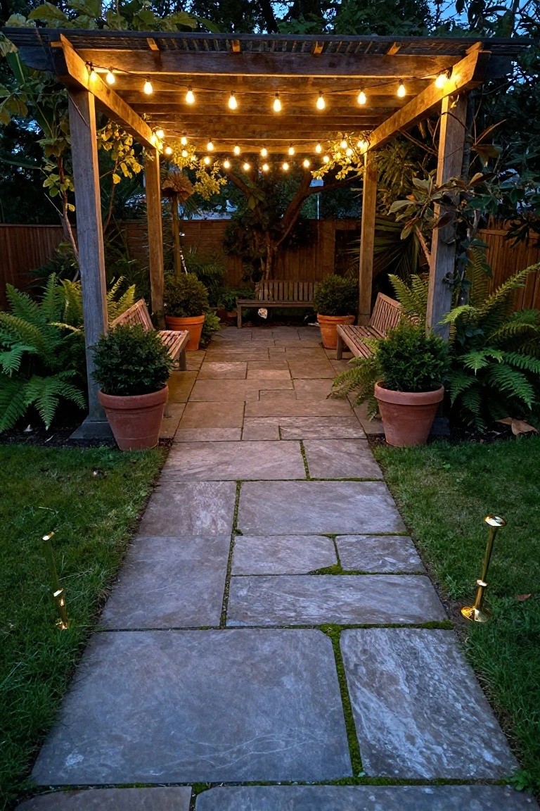 Dusk view of a flagstone pathway flanked by potted ferns and shrubs leading to benches under a wooden pergola strung with warm string lights, with grass borders and a metal path light.