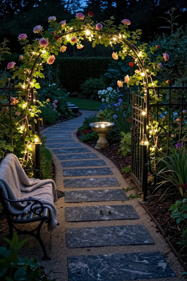 Nighttime view of a black metal arched gate covered in pink roses and fairy lights, with a winding gray stone pathway leading through a garden past a bench, birdbath, and flower beds.