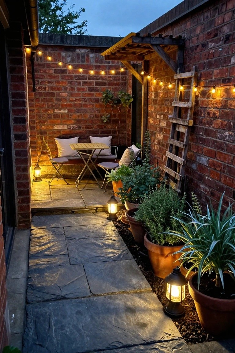 Narrow stone-paved pathway between tall brick walls lined with terracotta pots of plants, illuminated by string lights along the walls and lanterns beside the pots, with a small table and two chairs in the space.