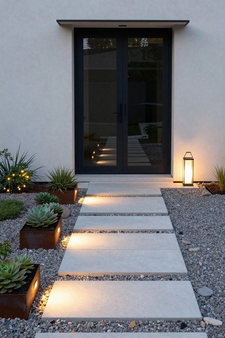 White modern house facade with black-framed glass double doors under an overhang, leading to a gravel pathway of large rectangular white concrete stepping stones flanked by corten steel pots of succulents with underlighting, ground-level path lights, a metal lantern, and fairy lights on low plants.