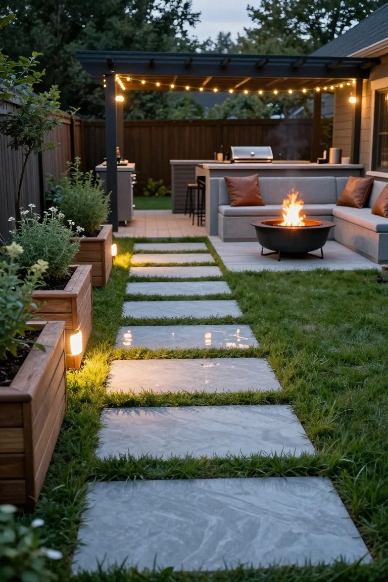Backyard pathway of large rectangular gray stone slabs set into green grass, flanked by wooden planters with herbs and small white lights, leading toward a pergola-covered outdoor kitchen, bar stools, L-shaped sofa, and circular fire pit.