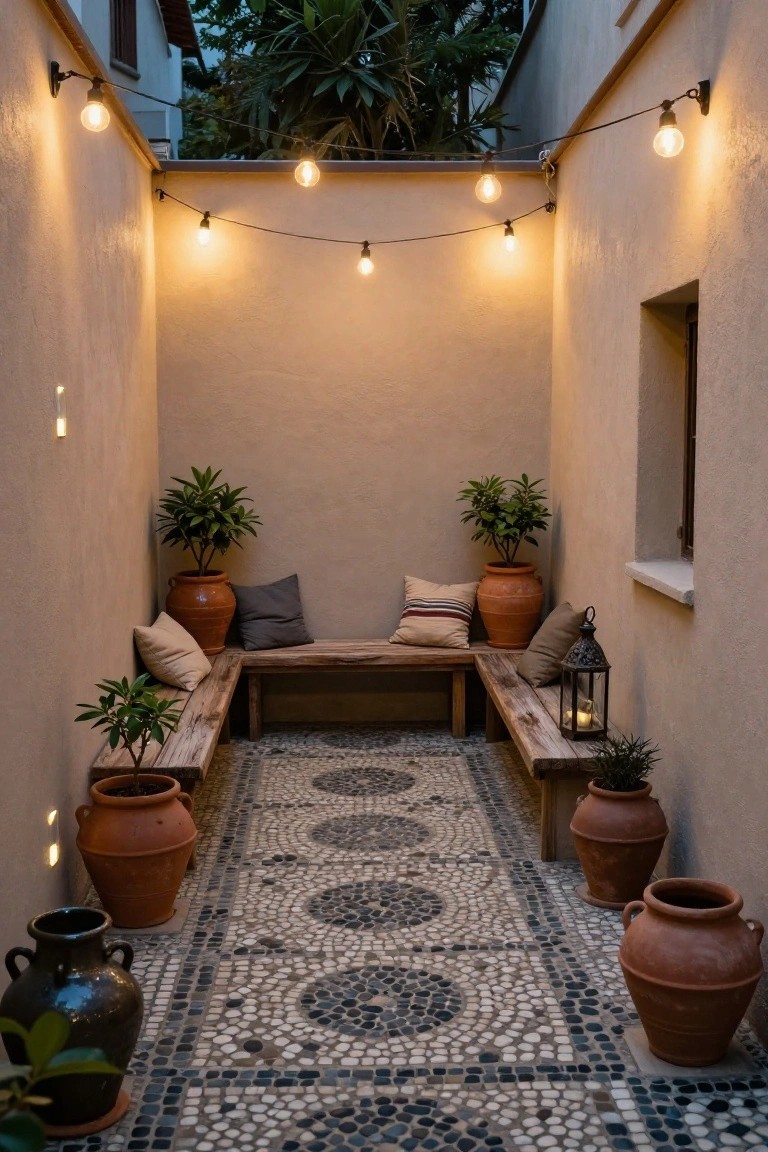 Narrow outdoor passageway between beige stucco walls featuring a pebble mosaic floor path, wooden bench with cushions, potted plants and terracotta pots, a metal lantern, and overhead string lights with glowing bulbs.