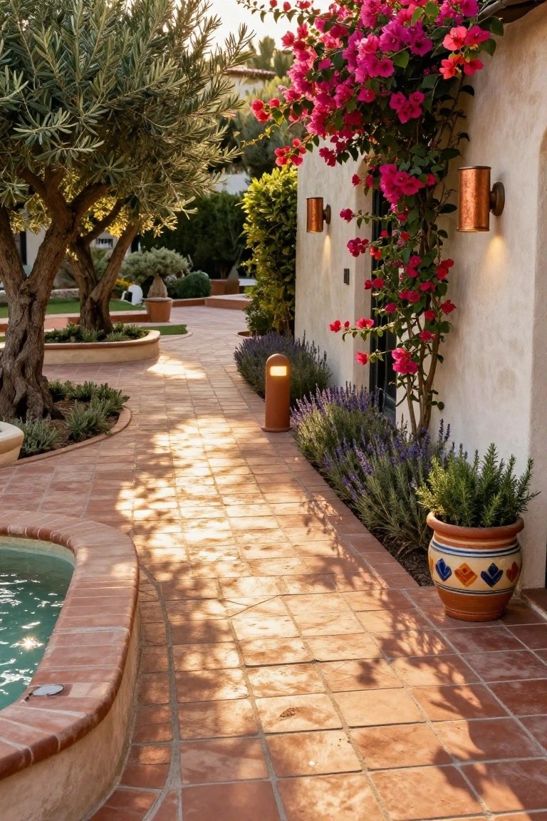 Curved terracotta-tiled pathway edged with lavender plants and a terracotta pot of rosemary next to a white stucco wall with pink bougainvillea vines, olive trees, and a small curved fountain in a garden at sunset.