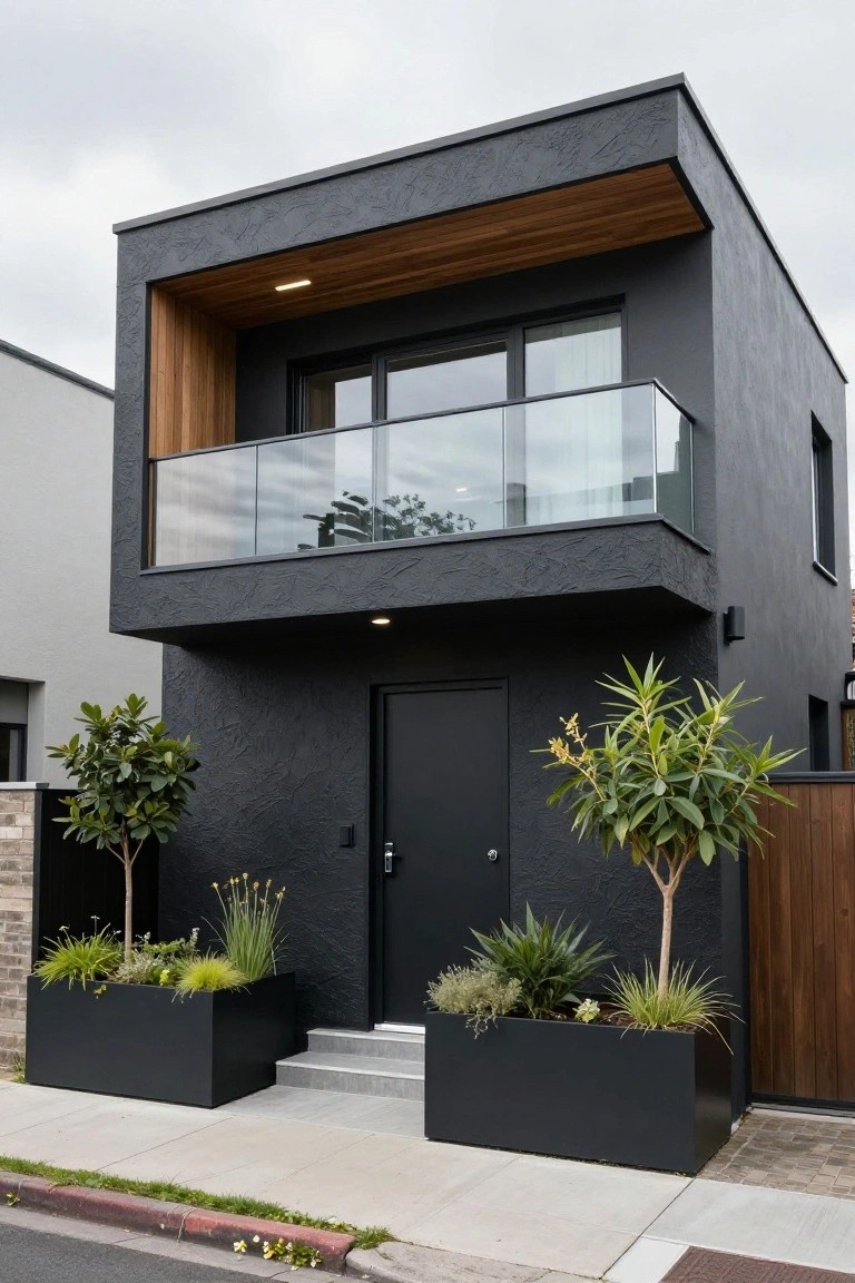 A two-story modern house with charcoal gray textured walls, wooden upper cladding and balcony, large glass windows, black front door, and black planters with grasses and small trees on a concrete entry path.