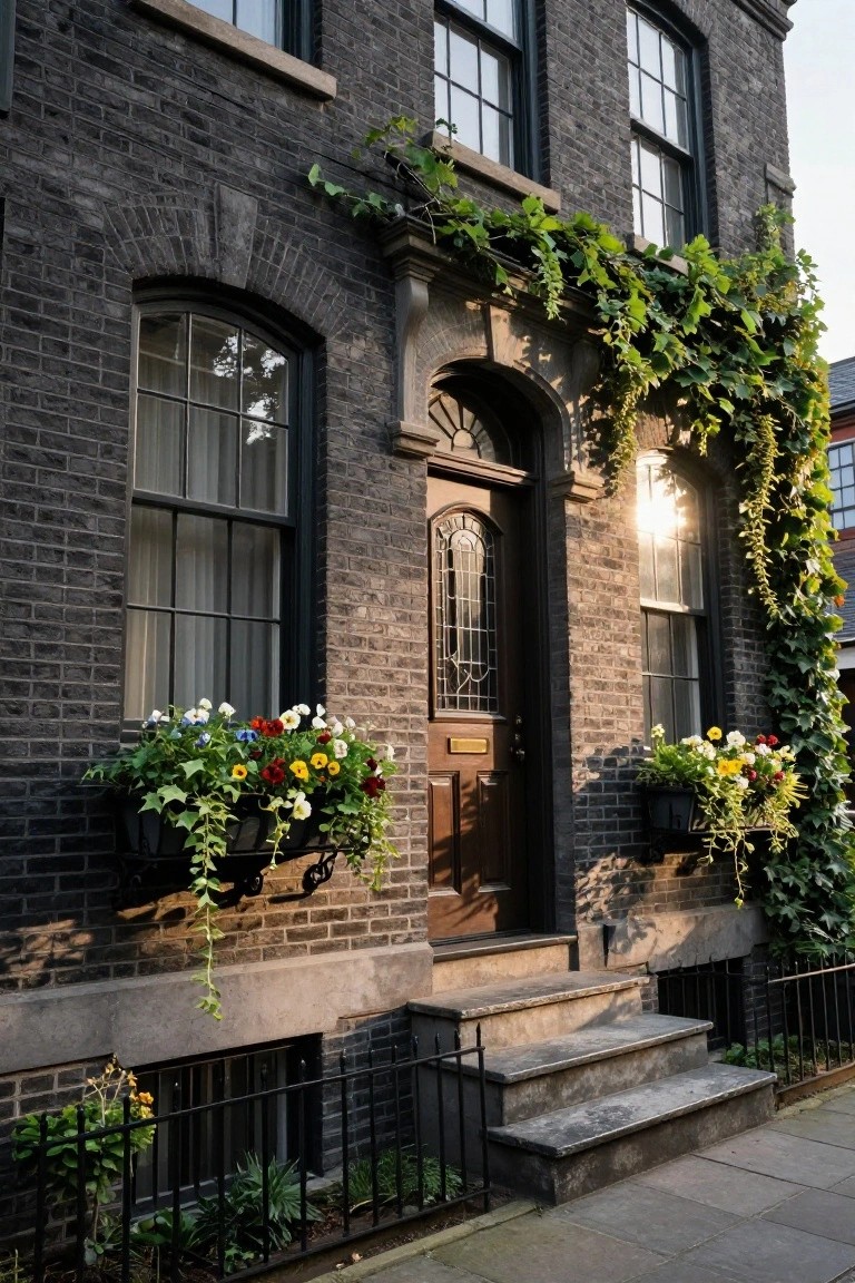 Dark gray brick townhouse facade with climbing ivy on the right side, colorful flower boxes under two windows, arched glass door with stone steps, and iron railing at the basement level.