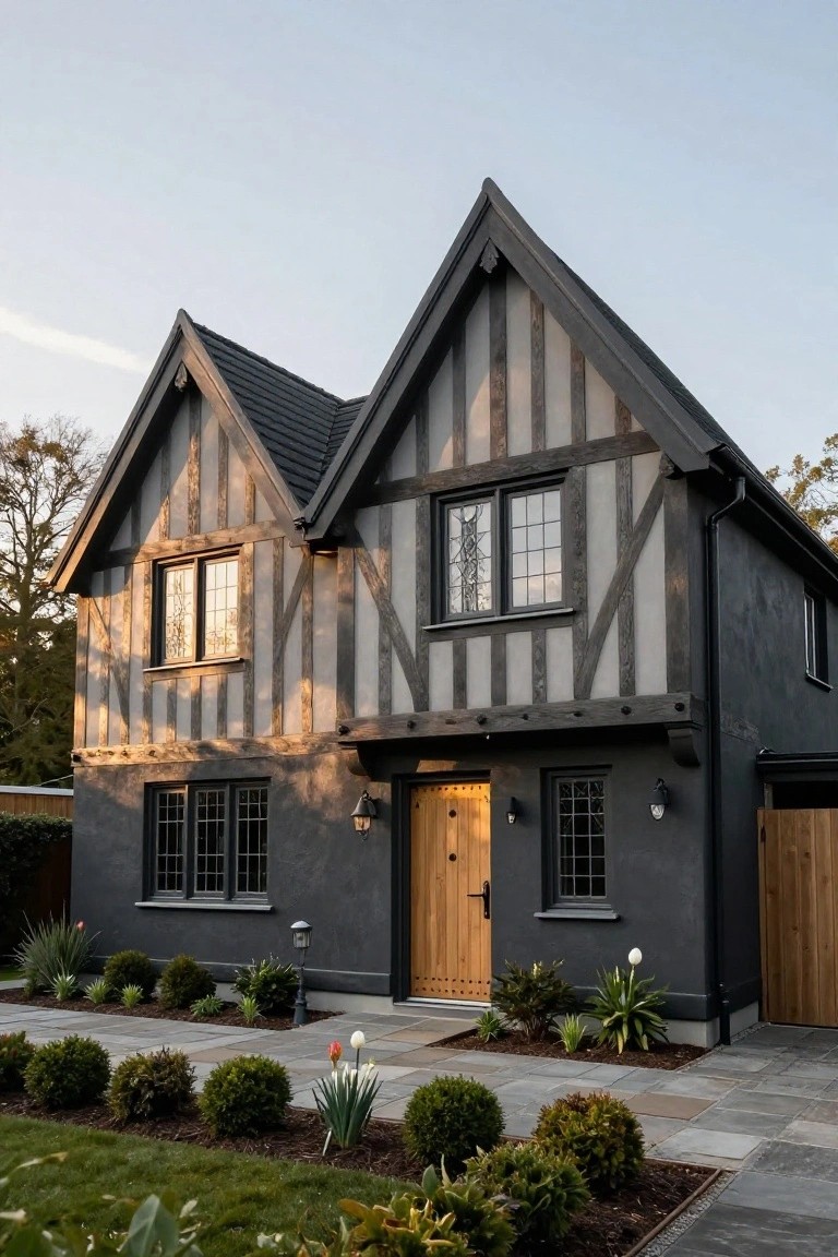 Two-story Tudor-style house with dark gray stucco walls, light timber framing, black-framed windows, wooden front door, lanterns, paver pathway, and low plantings in the front yard.