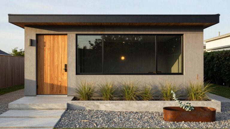 Modern house corner showing light gray vertical siding, dark grained wooden entry door with black handle, black-framed window, concrete path with steps, ornamental grasses, and potted eucalyptus beside gravel ground.
