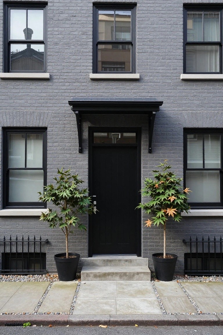 Gray brick townhouse facade with black-framed windows and front door under a small awning, flanked by two potted trees on concrete steps with gravel borders.