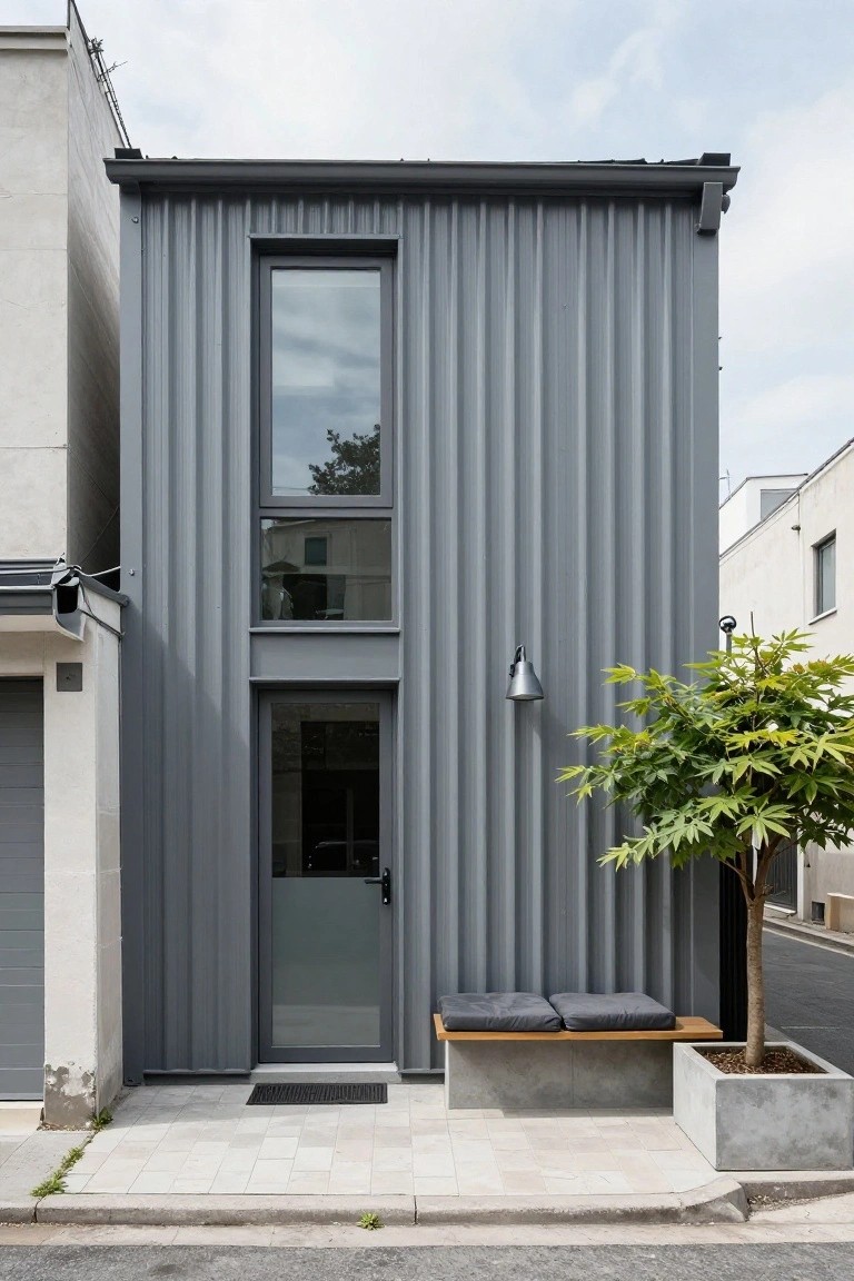 Narrow two-story house with gray corrugated metal siding, vertical slim windows, frosted glass entry door, wall light, wooden bench with cushions, potted tree in concrete planter, and adjacent buildings on a paved street.