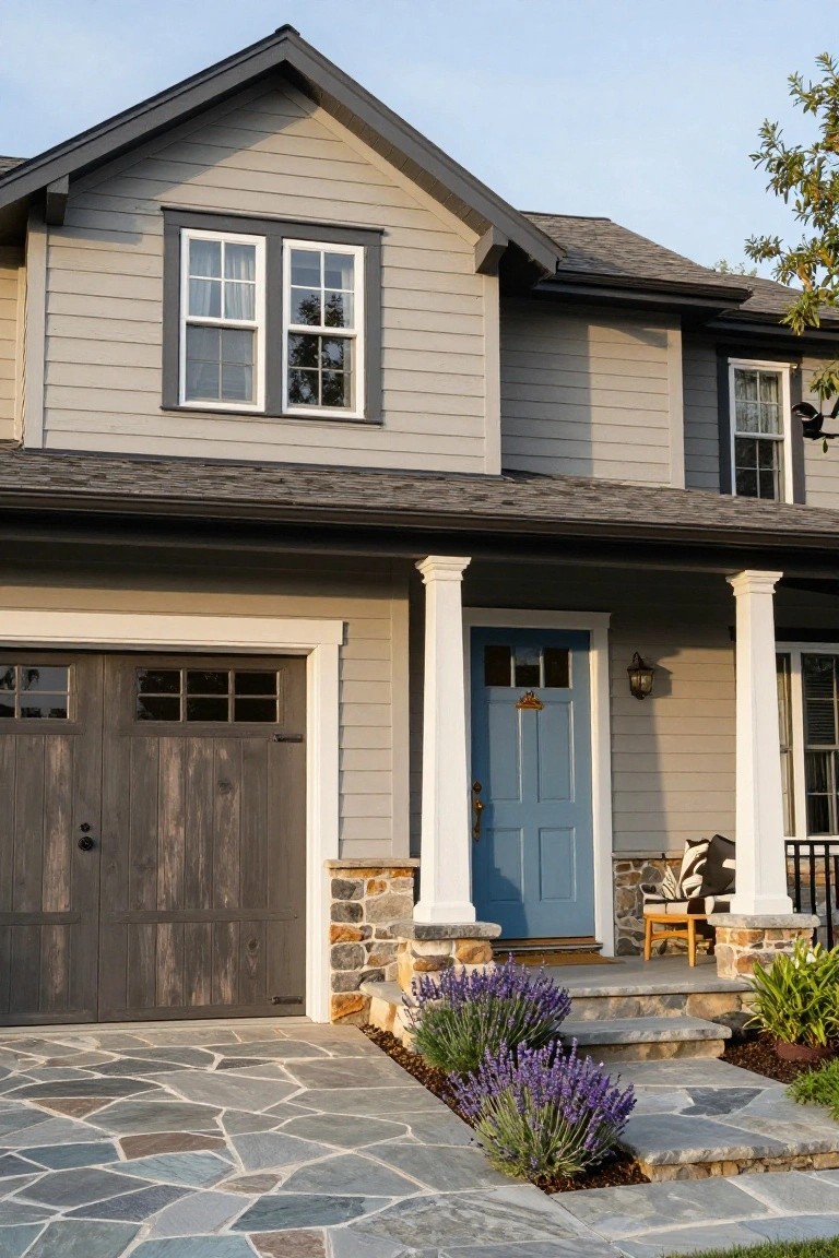 Front exterior of a two-story house featuring light gray siding, dark wood garage door, turquoise blue front door with brass knocker, white porch columns, stone accents, lavender plants, and flagstone pathway.