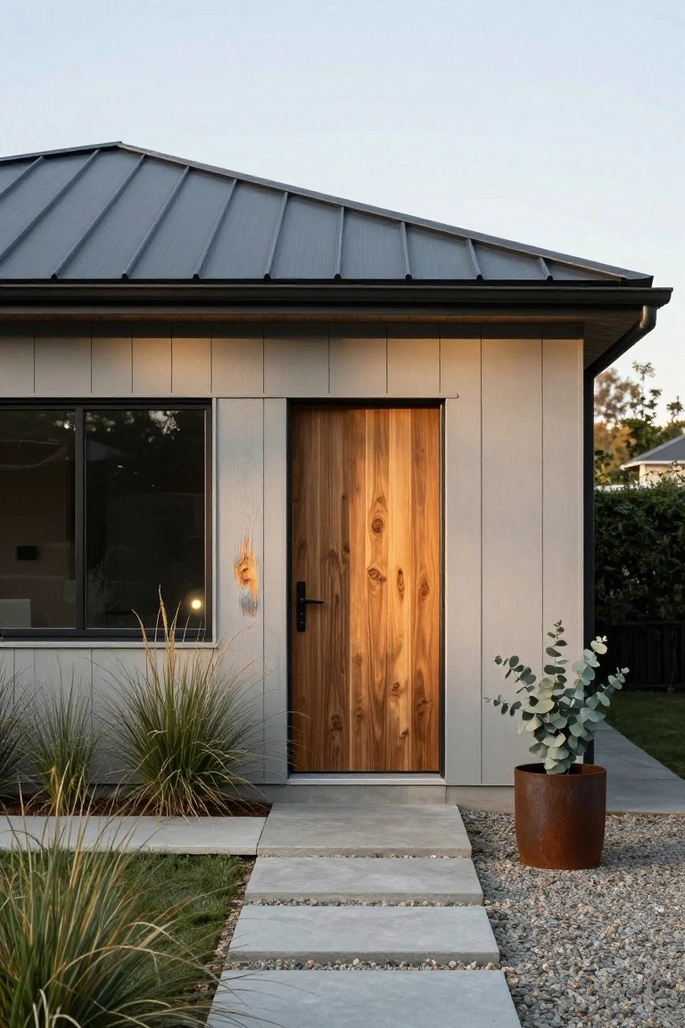 Modern house corner showing light gray vertical siding, dark grained wooden entry door with black handle, black-framed window, concrete path with steps, ornamental grasses, and potted eucalyptus beside gravel ground.