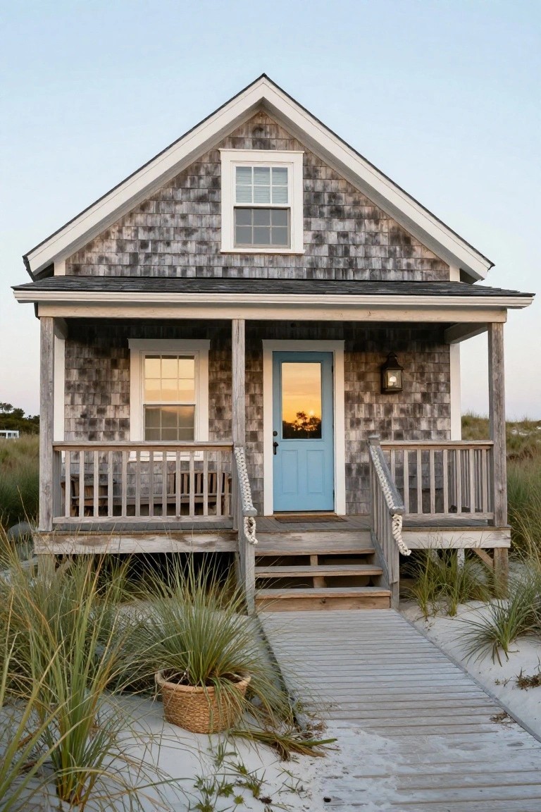 A small elevated beach house with gray shingle siding, white-trimmed windows, turquoise blue front door, wooden porch with railing, and a boardwalk path through sand and sea oats.