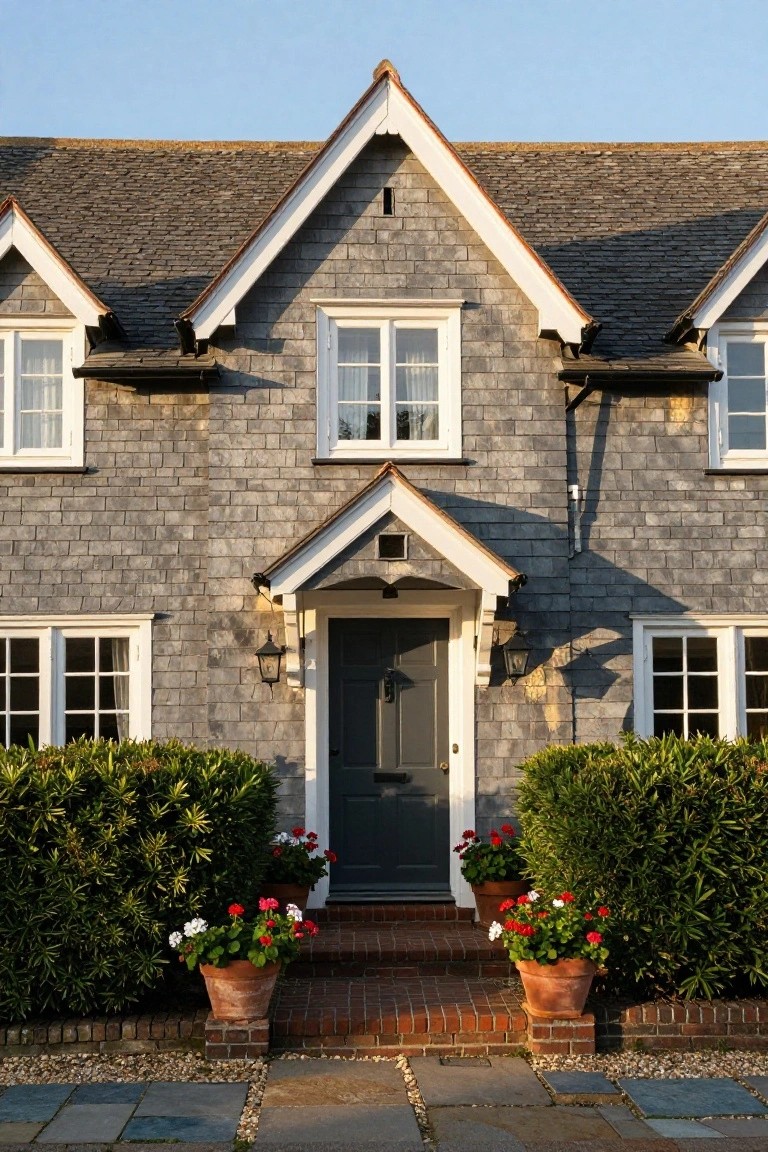 Gray shingle-clad two-story house with white trim, gabled roof, dark front door under a small porch, flanked by boxwood shrubs and terracotta pots of red geraniums, brick entry steps, stone path, and gravel edging.