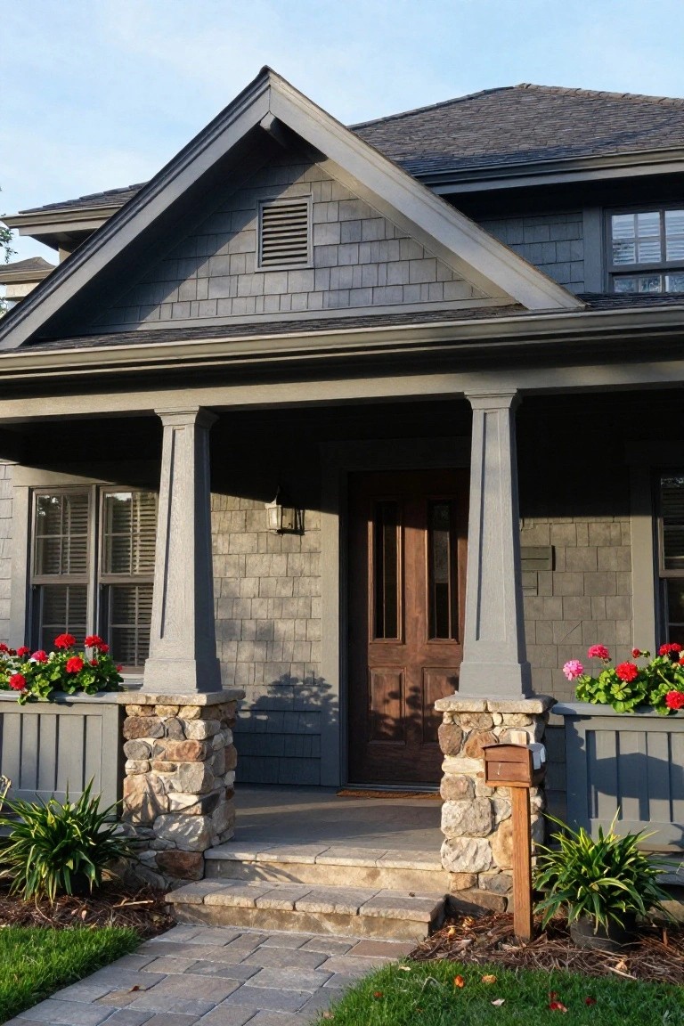 Front view of a house with dark gray shingle siding, covered porch with tapered columns on stone bases, wooden double front door, potted red geraniums flanking the porch, and a stone pathway leading to the steps.