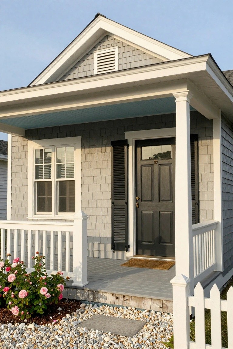 Front exterior of a small gray shingle house featuring white trim, a covered porch with blue ceiling, black front door, and pink rose bushes beside a gravel path.