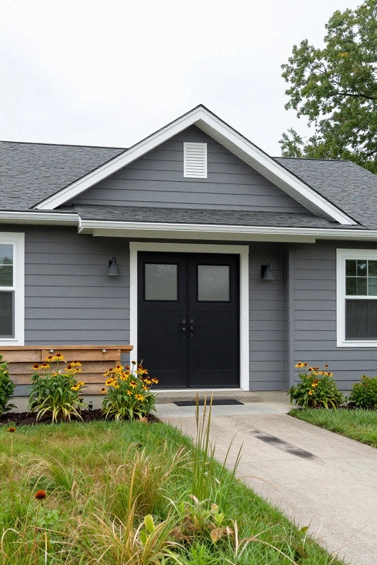 Front exterior of a gray clapboard house with gabled roof, black double doors with glass panels, white window trim, wooden bench, black-eyed Susan flowers, and concrete walkway.