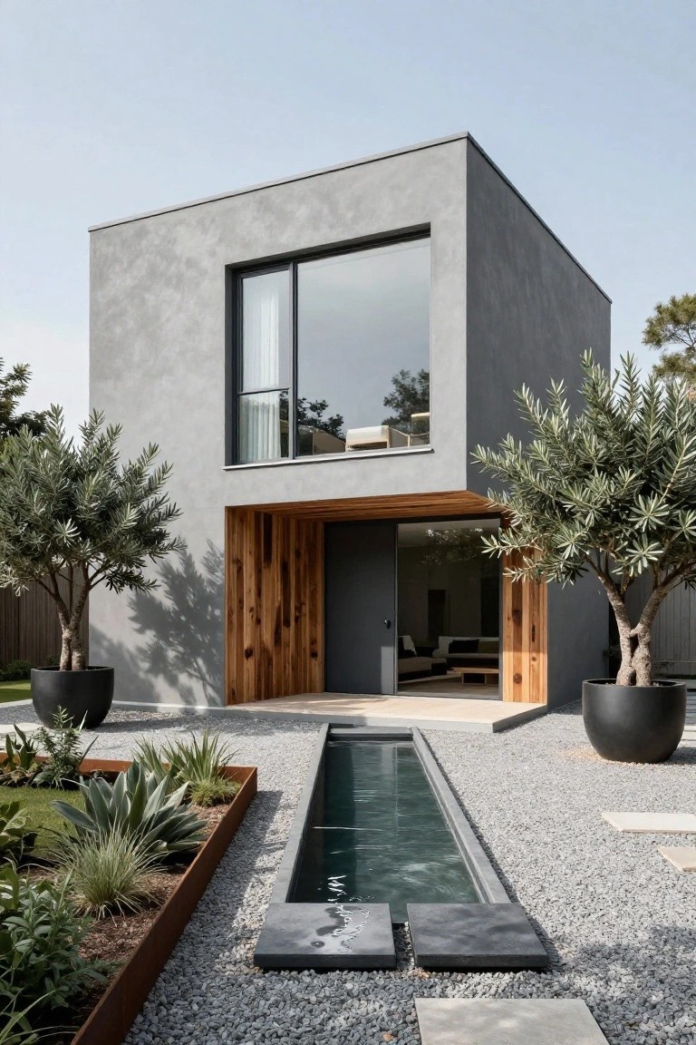 Cube-shaped modern house with textured gray stucco walls, large glass window, wood-clad entry recess, flanked by potted olive trees, and a narrow reflecting pool in a gravel courtyard edged with agave plants.