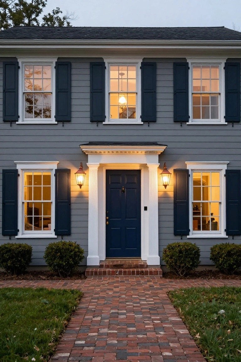 Two-story light gray clapboard house with navy blue shutters on white-framed multi-pane windows, navy front door with brass knocker flanked by lanterns and columns, brick walkway, boxwood shrubs, and green lawn.