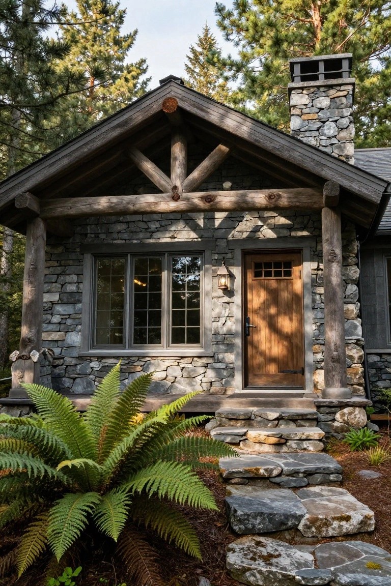 Small cabin with gray stone walls and chimney, exposed log timber framing and porch posts, wooden front door and window, stone steps flanked by ferns, surrounded by pine forest.