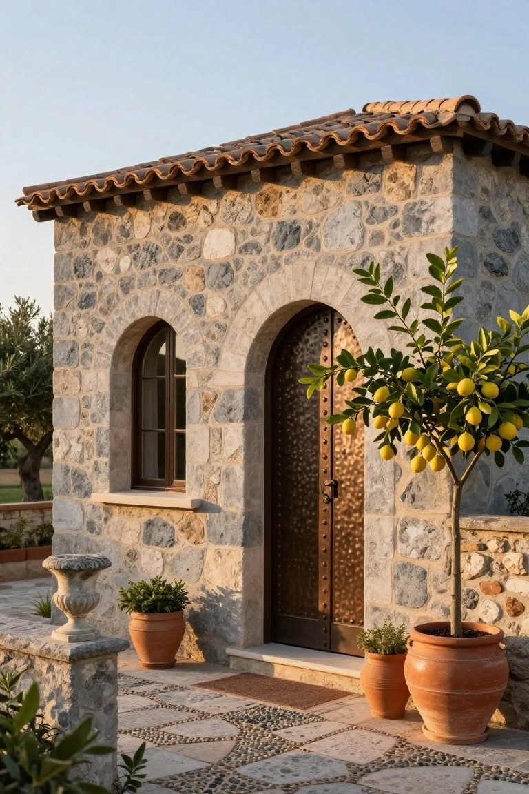Small stone outbuilding with gray stacked stone walls, arched wooden door with metal studs, arched window, terracotta tile roof, lemon tree in pot beside door, terracotta planters, and pebble stone path in front.