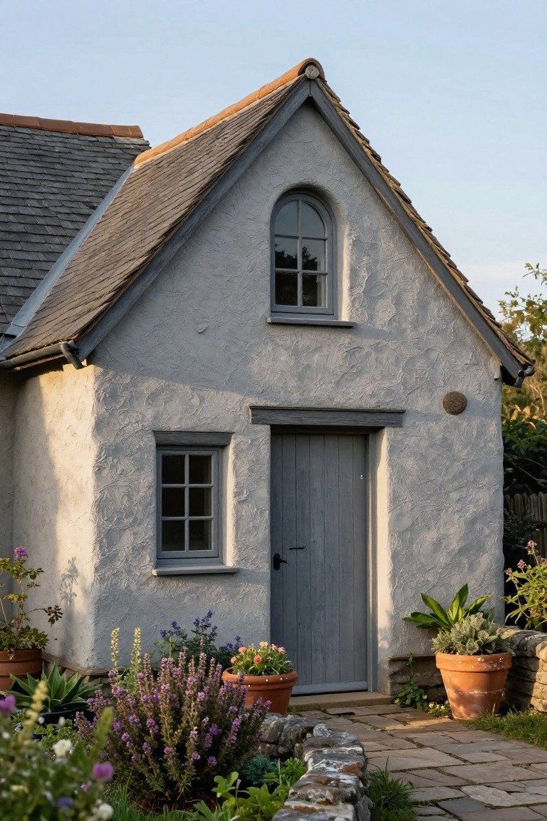 Small single-story cottage with light gray textured render walls, dark slate gabled roof, arched upper window, rectangular side window, gray wood plank door, potted plants, stone wall, and flagstone path in front.
