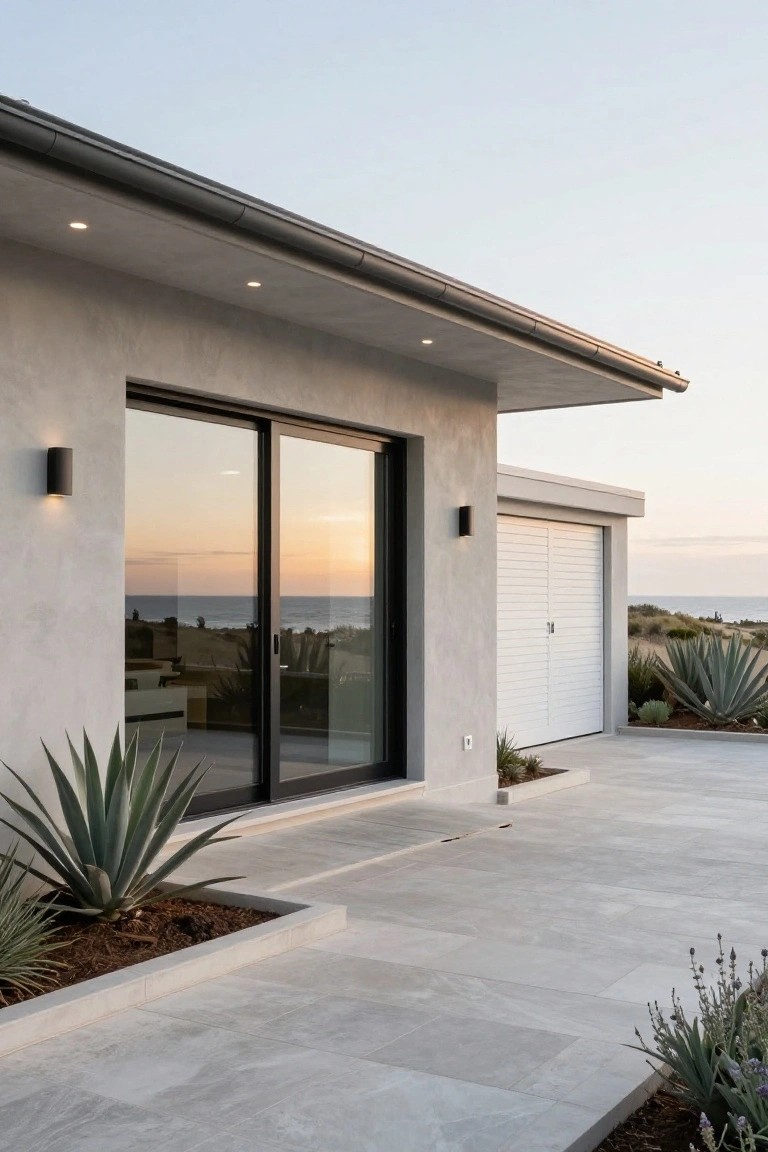 Side view of a modern beach house with light gray stucco walls, black-framed sliding glass doors, white slatted garage door, agave plants in planters, concrete pavers, and ocean dunes in the background at sunset.