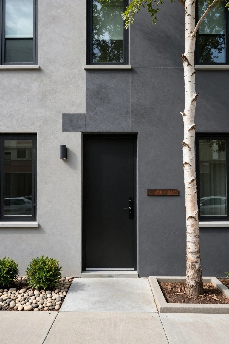 Contemporary two-story house exterior with light gray stucco on the left side and darker gray panels on the right, black front door, wall light, birch tree in a bed, boxwood shrubs, and pebble mulch.