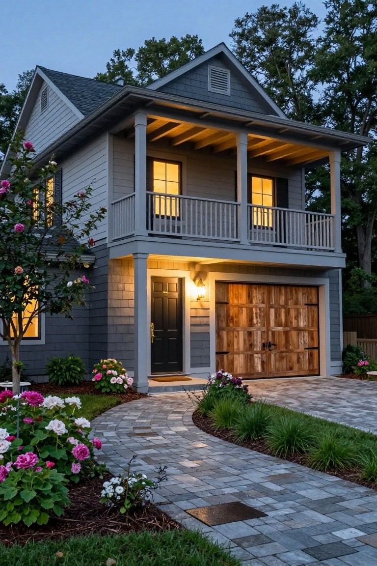 A two-story gray house with shingle siding, wooden garage door, lit front porch, balcony, and landscaping with flowers along a curved paver path at dusk.