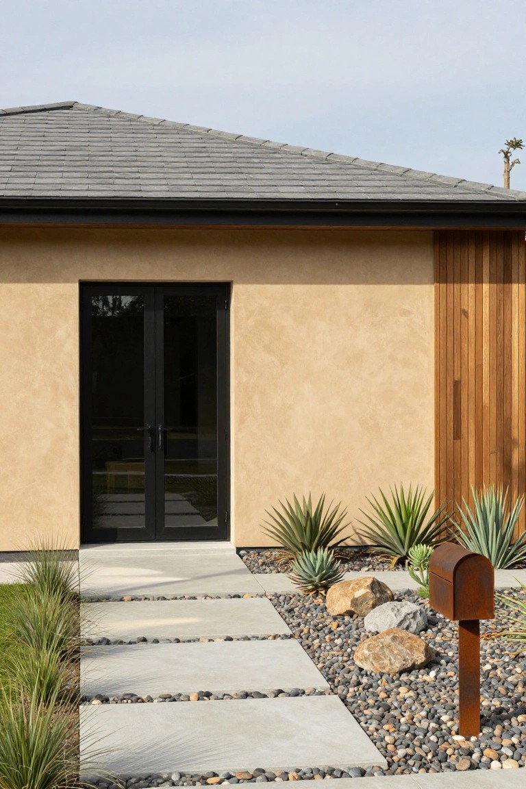 House exterior featuring gray shingled roof, beige stucco walls, black-framed glass double doors, vertical wood accent panel, concrete paver pathway edged with pebbles and rocks, agave plants, and rusted metal mailbox.