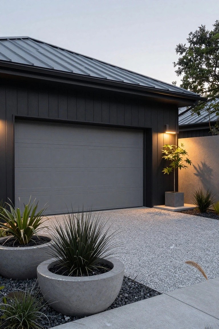 Modern house exterior with gray standing seam metal roof, black vertical board-and-batten siding, closed gray garage door, concrete planters with agave plants, gravel driveway, and dusk lighting.