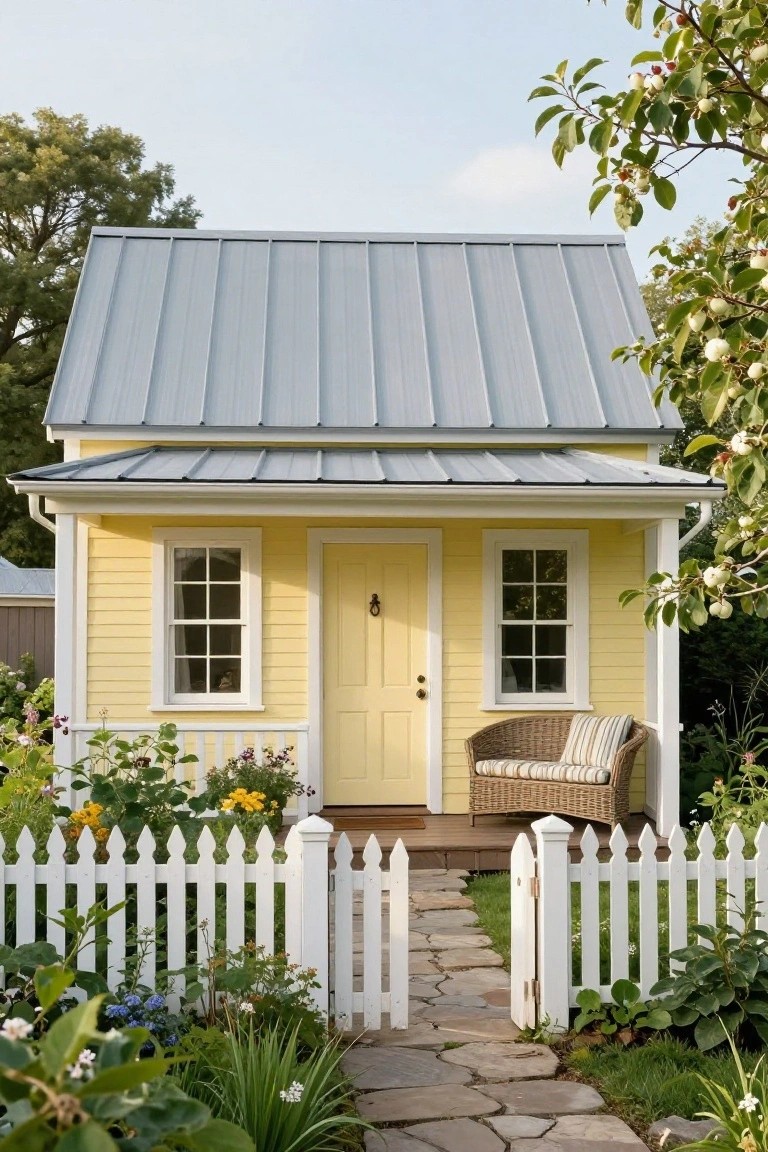 Small pale yellow house with gray standing-seam metal roof, white trim, yellow door, wicker chair on porch, white picket fence gate, stone path, and garden plantings.