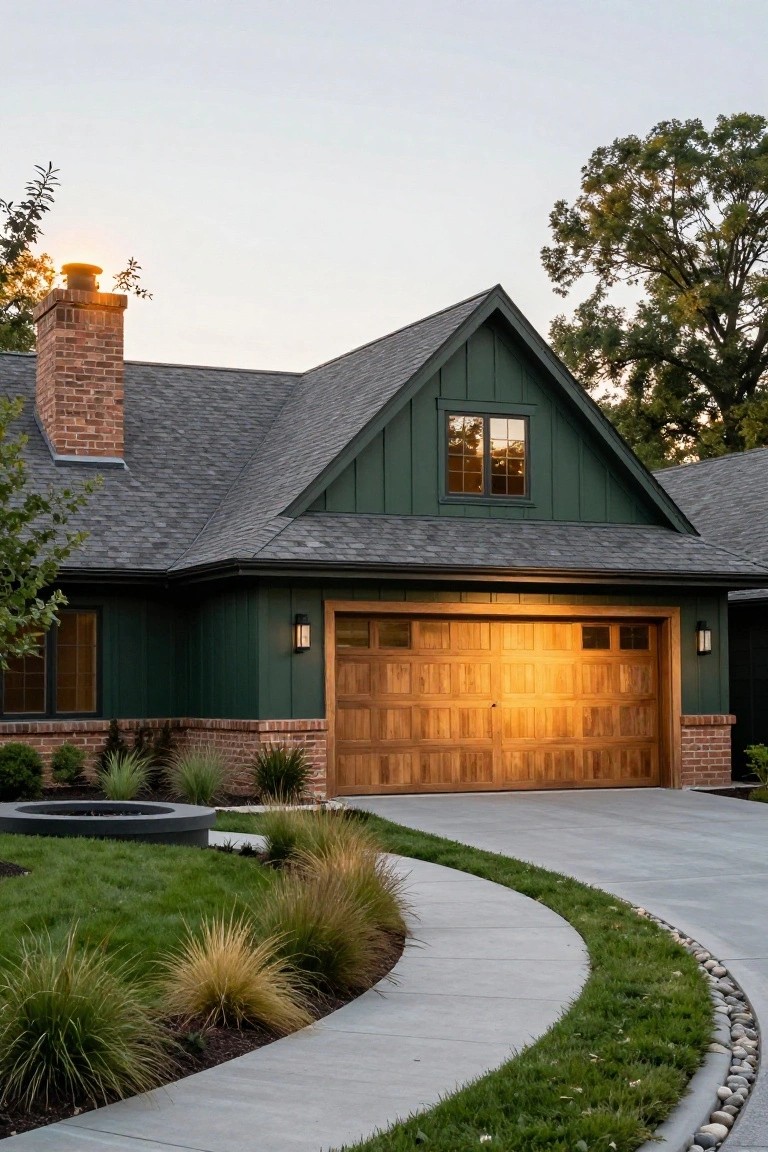 Front exterior of a house with dark green board-and-batten siding, gray shingle roof, open wooden garage door, brick chimney and accents, flanked by trees and shrubs, with a curved concrete path, lawn, ornamental grasses, river rock edging, and a circular fire feature near the driveway.