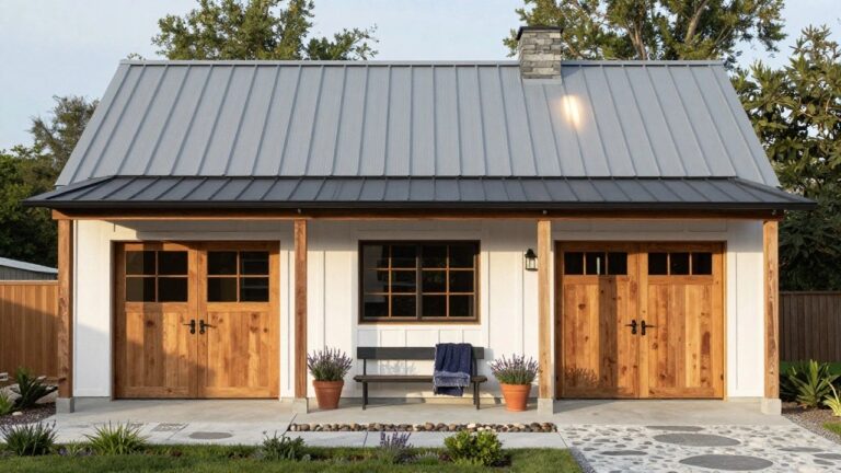 Exterior view of a house with sloped gray metal roof, white siding, large wooden garage doors under a covered porch with wooden beams, concrete entry path with pebbles, potted lavender plants, and a wooden bench.