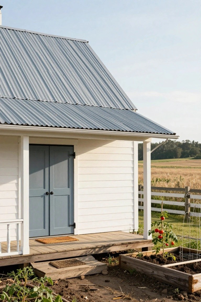 White clapboard house with blue double doors, gray corrugated metal roof, wooden porch steps, woven doormat, and raised garden beds with tomato plants in front, against a rural field background.
