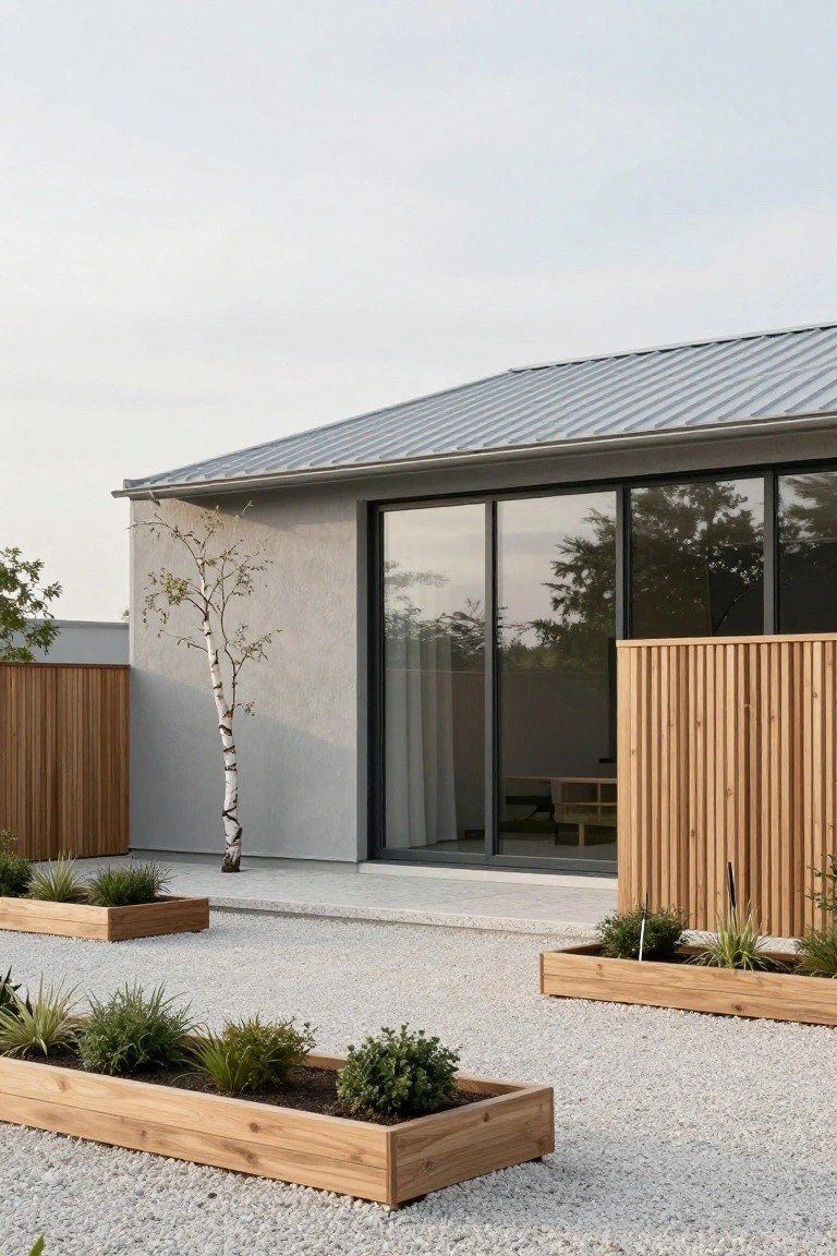Modern house exterior featuring a gray standing-seam metal roof, light gray stucco walls, large black-framed glass doors, wooden slat fencing, raised wooden planters with grasses and shrubs on white gravel, and a slim birch tree beside the wall.