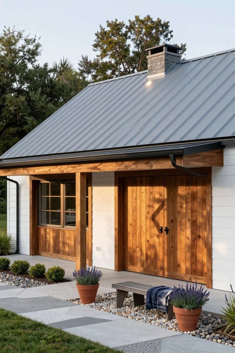 Exterior view of a house with sloped gray metal roof, white siding, large wooden garage doors under a covered porch with wooden beams, concrete entry path with pebbles, potted lavender plants, and a wooden bench.