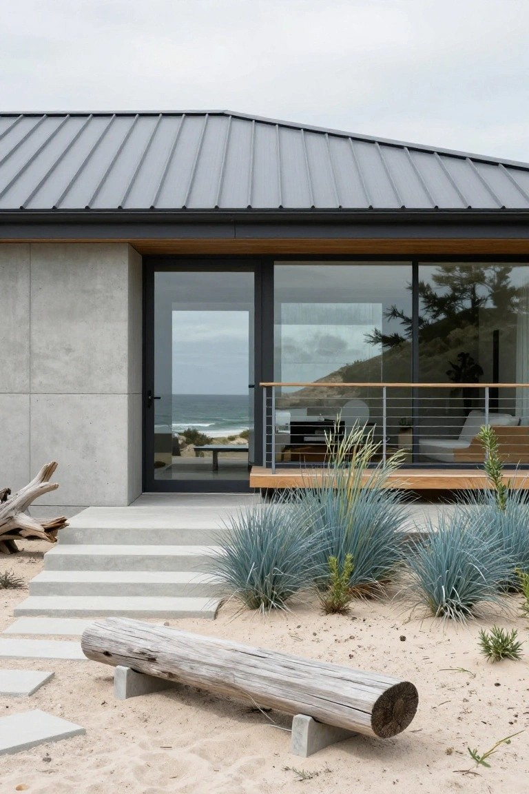 Modern house exterior featuring a gray standing-seam metal roof, light gray concrete walls, black-framed glass doors and windows opening to a wooden deck with ocean view, concrete steps, blue grasses, and a driftwood log on sandy ground.