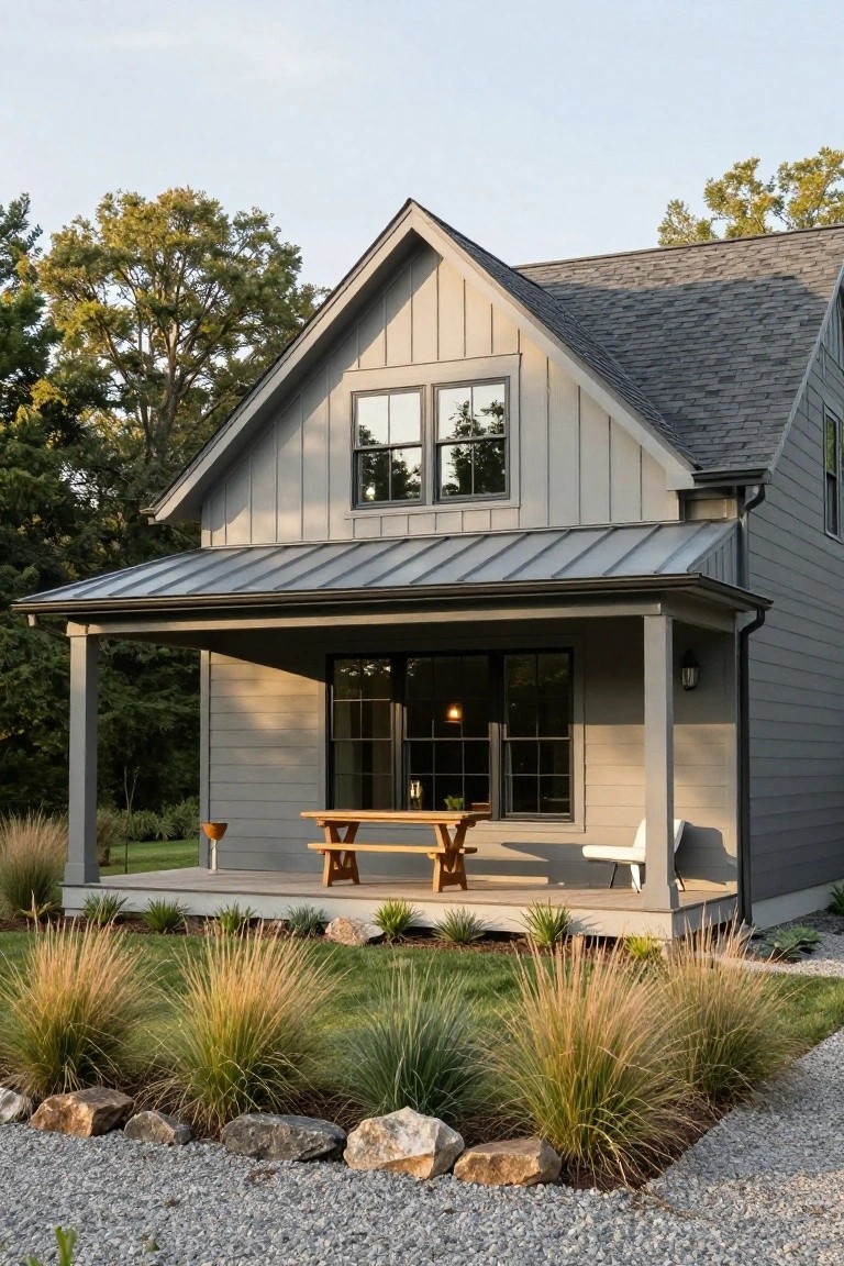 Gray board-and-batten sided house with gray shingle main roof and gray metal porch roof, wooden table and chairs on porch, tall ornamental grasses and gravel bed with rocks in foreground.
