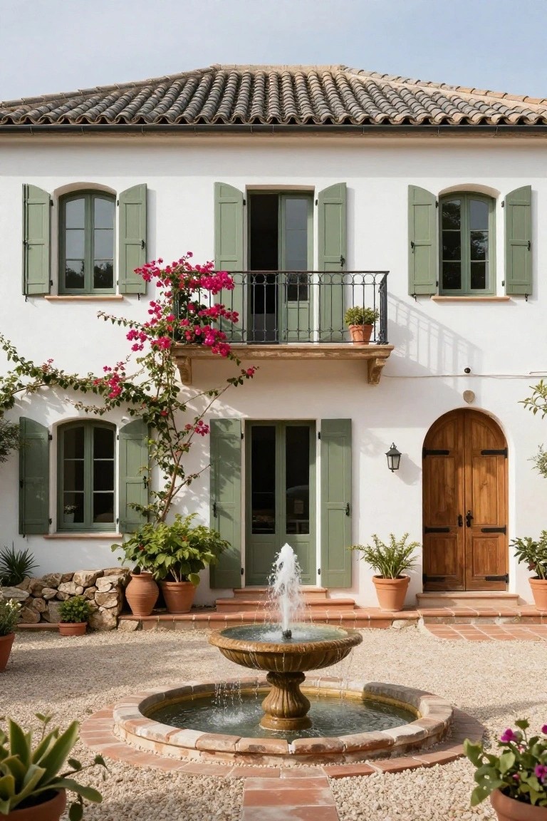 White stucco house with sage green shutters on arched windows and doors, wooden entry door, balcony draped in pink bougainvillea, stone fountain in gravel courtyard with potted plants and low stone wall.