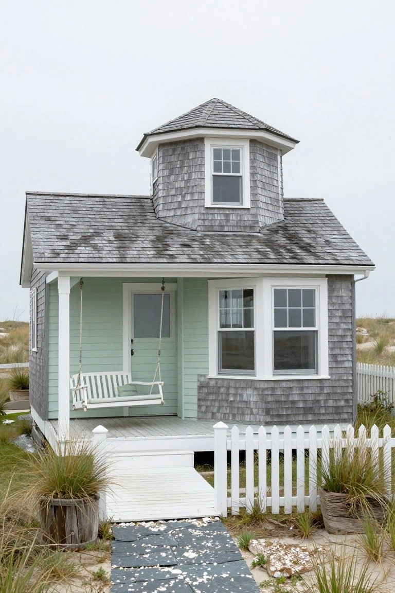 Small mint green shingled cottage with gray shingle roof, octagonal upper turret, porch with white swing, bay window, white picket fence, dune grass plantings, and sandy path.