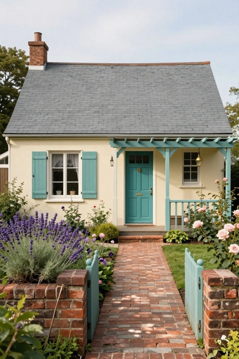 Small cottage exterior with steep gray slate roof, pale yellow stucco walls, teal front door and shutters, wooden porch and trellis in teal, brick pathway, low brick fence, and garden plantings including lavender and roses.