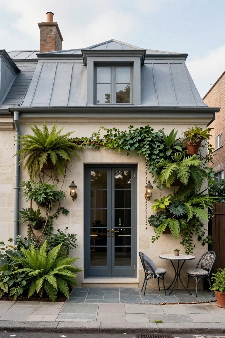 Charming house entrance adorned with lush greenery, grey door, and a small table.