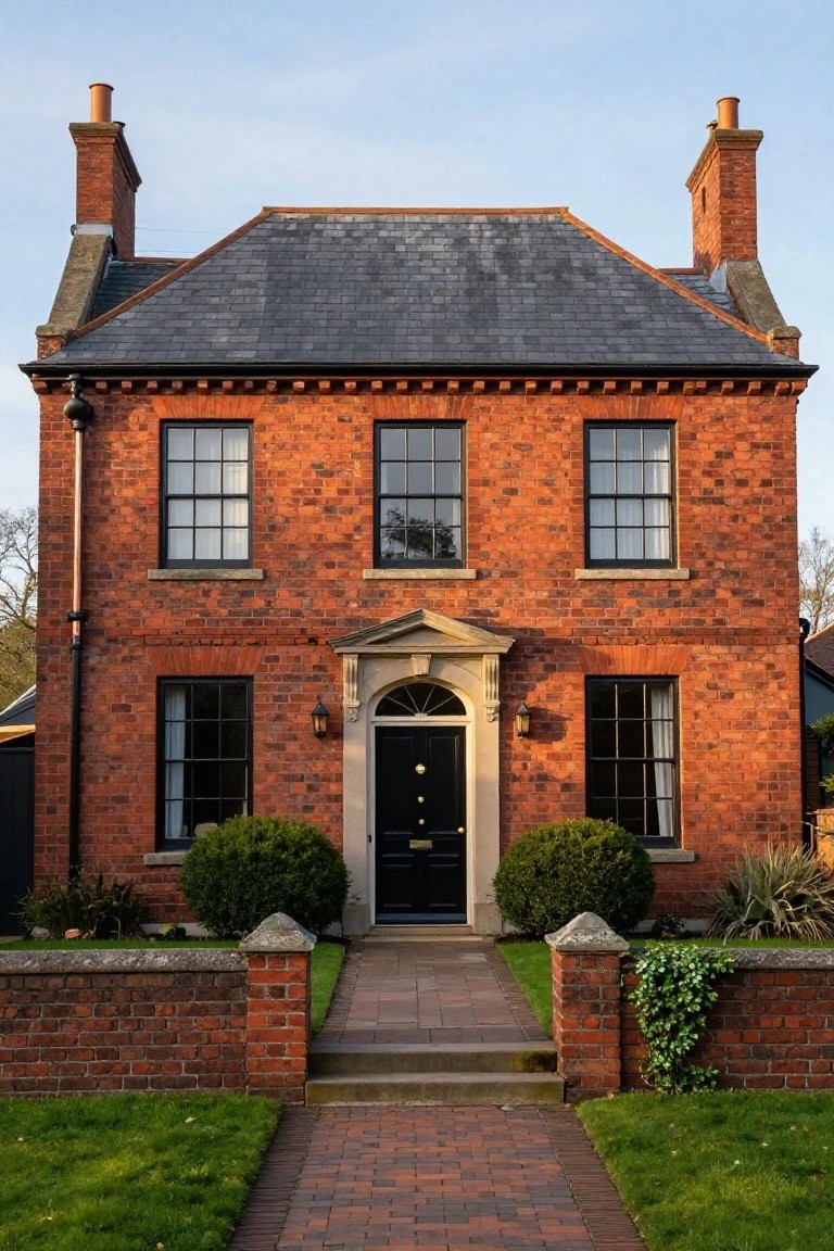 Two-story red brick house with dark gray slate roof, four chimneys, black-framed sash windows, pedimented entry with black door and lanterns, flanked by shrubs, brick pathway, and low brick wall with grass lawn.