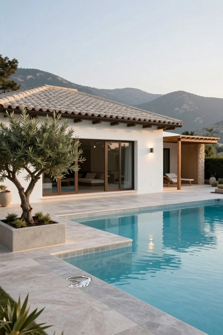 White stucco house with light terracotta tile roof, large brown-framed sliding glass doors, wooden pergola, infinity-edge pool with gray tile deck, olive tree, and distant mountains at dusk.