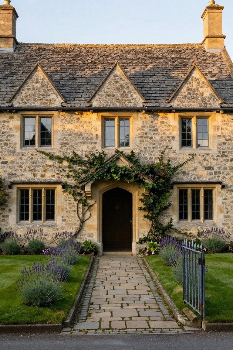 Front view of a two-story stone cottage with gray slate roof, ivy around the arched wooden door, lavender plants in borders, flagstone path, and black metal gate.