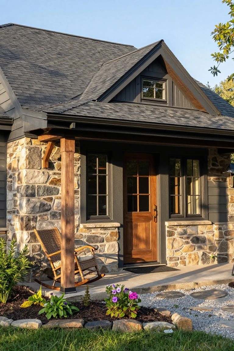 Front view of a house exterior featuring a gray shingled gable roof, fieldstone walls, timber porch post, wooden entry door with sidelights, wicker rocking chair, and landscaped flower beds.
